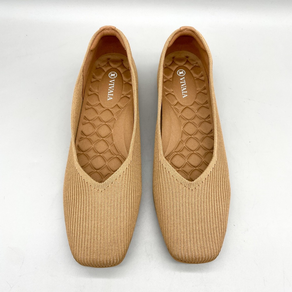 Vivaia Womens 42 Margot Square Toe V Cut Knit Ballet Flats Tan Preppy Minimalist